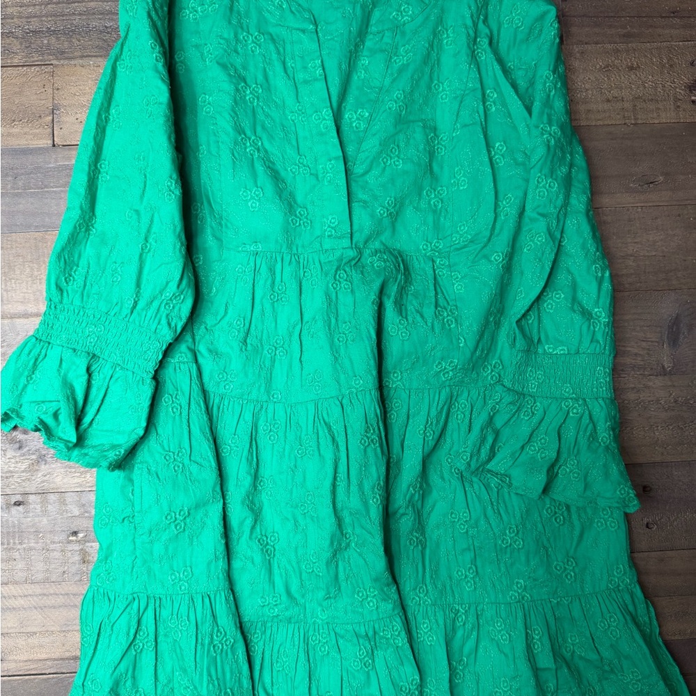 Crown & Ivy Green Cotton Midi Embroidered Dress